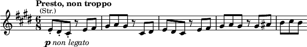\relative c' {\time 6/8 \key cis \minor \tempo "Presto, non troppo" e8-.^\markup{\center-align \smaller (Str.)}_\markup{\center-align \dynamic p \italic {non legato}} dis-. cis-. r e fis gis a gis r cis, dis e dis cis r e fis gis a gis r gis ais b cis b}