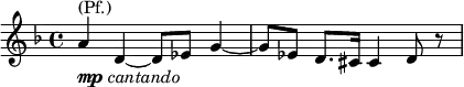 \relative f' { \key f \major \time 4/4 a^\markup { (Pf.)}_\markup { \dynamic mp \italic { cantando } } d,~ d8 es g4~ | g8 es d8. cis16 cis4 d8 r8 }