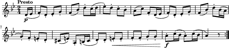 \version "2.18.2"
\relative c' {
\key bes \major
\time 2/4
\tempo "Presto"
\tempo 4 = 142
\partial 8 d16 \p (ees f8-.) d-. ees-. g-.
f (bes) d-. c16 (d ees8-.)
d-. c-. bes-.
a (c) f,-. d16 (ees f8-.) d-. ees-. g-.
f (bes) d-. bes16 (a g8-.) f-. e-. d-.
cis (e) a,-. b16 (cis d8-.) d-. e-. \< e-.
f-. f-. g-. g-.
a-. \f c16 (bes a8-.) c16 (bes a4)
r8 \bar ":|."
}