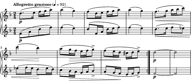 
 \relative c' { \partial 2
  \new PianoStaff <<
   \new Staff { \key d \minor \time 2/4 \tempo "Allegretto grazioso" 4 = 92 \set Staff.midiInstrument = #"string ensemble 1"
      \repeat volta 4 { d'8.\p( e16 f g a8) a4( g) f8( d16 e f g a8) a4( g) f8.\<( g16 a bes c8) c4( bes\!) a8( g16\> f e f g8->) f( e16 d\! cis d e8->) } d2\p~d 
   }
   \new Staff { \key d \minor \time 2/4 \set Staff.midiInstrument = #"string ensemble 1"
      f,8\p[( a d f)] f4( e) d8^( f,16 a d e f8) f4( e) d8.\<( e16 f8 ees) ees( f16 ees d8\! ees16 d) c8( bes16\> a g a bes8->) a( g16 f\! e f g8->) f2\p~ f
   }
  >>
 }
