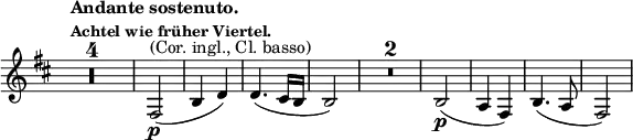 \relative c \new Staff \with { \remove "Time_signature_engraver" } {
\key b \minor \set Score.tempoHideNote = ##t \tempo \markup {
\column {
\line { Andante sostenuto. }
\line { \small { Achtel wie früher Viertel. } }
}
} 4=66 \time 2/4
\compressEmptyMeasures R2*4 fis2\p ^\markup { (Cor. ingl., Cl. basso) }( b4 d) d4.( cis16 b b2)
R2*2 b2\p ( a4 fis) b4.( a8 fis2)
}