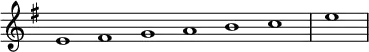 \relative c' {
\new Staff \with { \remove "Time_signature_engraver" }
{ \key e \minor \time 1/1 \cadenzaOn e1 fis g a b c \bar "|" e \bar"|"}
}