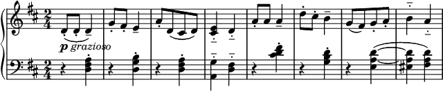 
 { \new PianoStaff <<
    \new Staff = "RH" \relative c' { \clef treble \key d \major \time 2/4
      d8-.(-\markup { \dynamic p \italic { grazioso } } d-. d4--) | g8-. fis-. e4--  |
      a8-.[ d,( cis d)] | <e cis>4-_ d-_ | 
      a'8-. a a4-- | d8-. cis-. b4-- | g8([ fis) g-. a-.] | b4-_ a-_ |}
    \new Staff = "LH" \relative c' { \clef bass \key d \major  \time 2/4
       r4 <a fis d>-. | r <b g d>-. | r <a fis d>-. | <g a,>-_ <fis d>-_ || 
       r4 <d' cis fis >-.| r <d b g>-. | r <d~ a~ e>( | <d a eis> <d a fis>) | } 
   >> }
