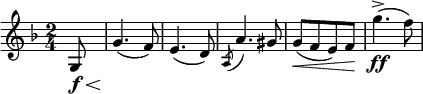 {\key f \major \time 2/4 \partial 8 \set Score.tempoHideNote = ##t \tempo "" 4=100 \relative c' { \override Hairpin.minimum-length = #5 g8\f\< g'4.(\! f8) e4.( d8) \slashedGrace a( a'4.) gis8 g([\< f e) f]\! g'4.->\ff( f8) }}