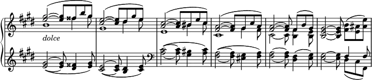 
\relative c''' {
  \new PianoStaff <<
   \new Staff = "R" \with { \remove "Time_signature_engraver" } { \key e \major \time 4/4 \set Score.tempoHideNote = ##t \tempo "" 4=168
    <<
     {
      <gis~ e~>2( q8 fisis b gis) <e~ cis~>2( q8 dis gis e)
      <cis~ a~>2( q8 bis e cis) <a~ fis~>2( q8 gis cis a)
      <a~ fis~>2 q8 fis( [ b gis] ) <gis~ e_~ b_~>2 q8 \stemDown <b fis>( [ <ais e> <e' ais,>] )
     }
    \\
     { 
      s2 s8 fisis4 gis8 s2 s8 dis4 e8 s2 s8 bis4 cis8
      s2 s8 gis4 fis8 cis2~ cis8 <fis b,>4 <e b>8 s1
     }
    \\
     { b'1 gis e cis s1 s }
    >>
   }
   \new Dynamics {
    s8-\markup \italic dolce
   }
   \new Staff \with { \remove "Time_signature_engraver" } { \key e \major \time 4/4 \clef treble
    <<
     {
      <gis'~ e_~>2_( q8 <fisis dis>4 <gis e>8) <e~ cis_~>2_( q8 <dis b>4 <e cis>8)
      \clef bass \stemDown <cis~ a_~>2( q8 <bis gis>4 <cis a>8) <a~ fis_~>2( q8 <gis eis>4 <a fis>8)
     <a~ fis_~>2 q8 <fis dis>4( <gis e>8) <gis~ e_~>2 q8 \stemUp fis4 fis8
     }
    \\
     { s1 s s s s s2 s8 dis8( cis fis,) }
    >>
   }
  >>
 }
