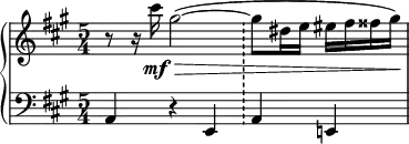 
{ \new PianoStaff <<
   \new Staff = "RH" \relative c''' { \clef treble \key a \major \time 5/4 
      r8 r16 cis16\mf\> gis2(~  \bar "!"  gis8 dis16 e eis fis fisis gis)\! |}  
    \new Staff = "LH" \relative c { \clef bass \key a \major  \time 5/4
      a4 r e \bar "!" a e! |} 
   >> }
