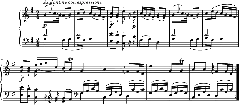 
\version "2.18.2"
\header {
  tagline = ##f
}
upper = \relative c' {
         \clef "treble"
         \tempo "Andantino con espressione"
         \key g \major
         \time 2/4
         \tempo 4 = 44
         \set Staff.midiInstrument = #"piano"
         b'8\p^\markup{\italic {Andantino con espressione}} (\grace d32 (c16.) b32) a8 (b)
         c (d) c16 (b a g)
         <g c>8-! \f <g b>-! <g e'>8-! r16 <g d'>\p
         c16 (a b g) <g b>8 (<fis a>)
         b8 (\grace d32 (c16.) b32) a8 (b)
         c8 e16 (d c b a g)
         <g c>8-! \f <g b>-! <<{\stemDown g8 s8} \\ {\stemUp e'16 (fis g c,)}>>
         b8 (a\trill) g4
         a \grace g16 (fis8) fis16 d
         d'4 g,8 g\trill
         a a \grace g32 (fis8) fis16 d \bar ":|."
}
lower = \relative c' {
         \clef "bass"
         \key g \major
         \set Staff.midiInstrument = #"piano"
      <<{\stemDown g4 fis8 _(g a fis) g4} \\ {\stemUp d'2 d}>>
      <e, e'>8-! <d d'>-! <c c'>-! r16 b'16
      fis8 (g) d4
      <<{\stemDown g4 fis8 _(g a fis) g4} \\ {\stemUp d'2 d}>>
      <e, e'>8-! <d d'>-! <c c'>-! r16  \clef "treble" <e' g>16
      <<{\stemDown d4} \\ {\stemUp g8 ^(fis)}>>
      \clef "bass"
      <<{\stemDown g,4 c, d g e c d} \\ {\stemUp g16 ^(b d b)  c, ^(e a e) d ^(c' a c) g ^(b d b) e, ^(g b g) c, ^(e a e)  d ^(c' a c)}>>
      \bar ":|."
}
\score {
  \new PianoStaff <<
    \new Staff = "upper" \upper
    \new Staff = "lower" \lower
  >>
  \layout {
    \context {
      \Score
      \remove "Metronome_mark_engraver"
    }
  }
  \midi { }
}
