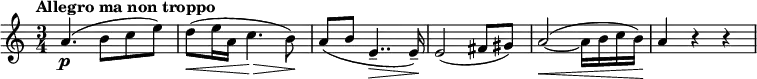 \relative c'' {
\set Score.tempoHideNote = ##t \tempo "Allegro ma non troppo" 4.=50 \key a \minor \time 3/4
a4.\p ( b8 c e) d\< ( e16 a, c4.\> b8\! ) a( b e,4..--\> e16--\! )
e2( fis8 gis) a2~\< ( a16 b c b\! ) a4 r r
}
