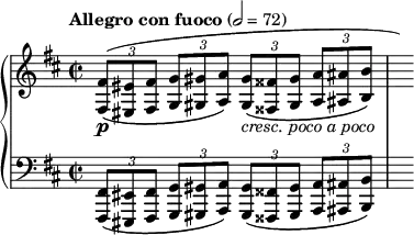 
\new PianoStaff <<
\new Staff = "Up" <<
\new Voice \relative c' {
\clef treble
\key b \minor
\tempo "Allegro con fuoco" 2=72
\time 2/2
\tupletSpan 4
\omit TupletBracket
\tuplet 3/2 {<fis, fis'>8 \p ^(_\([<eis eis'> <fis fis'>] <g g'> <gis gis'> <a a'>\) <gis gis'>_\markup{\italic cresc. \italic poco \italic a \italic poco} _\([<fisis fisis'> <gis gis'>] <a a'> <ais ais'> <b b'>\)} \hide r16)
}
>>
\new Staff = "Down" <<
\new Voice \relative c{
\clef bass
\key b \minor
\tupletSpan 4
\omit TupletBracket
\tuplet 3/2 {<fis,, fis'>8 _\([<eis eis'> <fis fis'>] <g g'> <gis gis'> <a a'>\) <gis gis'> _\([<fisis fisis'> <gis gis'>] <a a'> <ais ais'> <b b'>\)} s16
}
>>
>>
