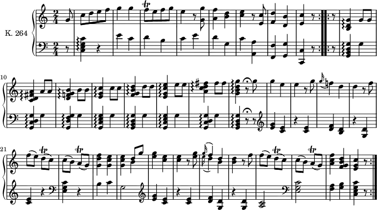 
\version "2.18.2"
\header {
  tagline = ##f
}
upper = \relative c'' { 
        \version "2.18.2"
         \clef "treble"          
         \key c \major
         \time 2/4 
         \tempo 4 = 100                 
         \set Staff.midiInstrument = #"piano"

  \repeat volta 2 {
   \partial 8 g8 c [d e f ]
   g4 g
   f8\trill [e f g]
   e4 r8 <g, g'>8
   <a f'>4 < b d>
   <c e> r8 <e, c'>8
   <f d'>4 <d b'> <e c'> r8
          }
  \repeat volta 2 { 
    r8
    <b d g>4 \arpeggio  g'8 g
    <c, d fis a>4 \arpeggio  a'8 a
    <d, f! g b>4 \arpeggio  b'8 b
    <e, g c>4 \arpeggio  c'8 c 
    <f, g b d>4 \arpeggio  d'8 d
    <e, g c e>4 \arpeggio  e'8 e
    <a, c d fis>4 \arpeggio  fis'8 fis
    <g, b d g>4 \arpeggio r8\fermata g'
    g4 e
    e r8 g
   \grace g16  (f!4) d
    d r8 f
    f (e) d\trill (c)
    c (b) a\trill (g)
   <g  d' f>4 <g c e>
   <g c e> <<{d'8 g} \\ {b,4}>>
   <e g>4 <c e>
   <c e> r8 <e g>8
   <<{\grace g16 (f4) d} \\ {\grace  e16 ( d4) b}>>
   <b d> r8 f'
   f (e) d\trill  (c)
   c (b) a\trill  (g)
   <a c f>4  <f g b d>
   <e g c> r8
       }
}

lower = \relative c {
        \clef "bass" 
        \key c \major
        \time 2/4 
        \set Staff.midiInstrument = #"piano"
  
  \repeat volta 2 { 
     r8
     <c e g c>4 \arpeggio r4
   e' c d b c e d g, c <a, a'> <f f'> <g g'> <c, c'> r8
  } 
  \repeat volta 2 {
     r8 
     <g' b d g>4 \arpeggio g'
     <g, c d g> \arpeggio g'
     <g, d' f g>4 \arpeggio g'
     <g, c e g>4 \arpeggio g'
     <g, b d g>4 \arpeggio g'
     <g, c e g>4 \arpeggio g'
     <g, c d g>4 \arpeggio g'
     <g, b d g>4 \arpeggio r8\fermata r8 \clef "treble"
     <e'' g>4 <c e>
     r <c e>
     <d f> <b d>
     r <g d'>
     <c e> r \clef "bass"
     <e, g c> r
     b' c
     g2 \clef "treble"
     <e' g>4 <c e>
     r <c e>
     <d f> <g, d'>
     r <g d'>
     <a c >2 \clef "bass"
     <e g c>2
     <f a>4 <g b>
     <c, e g c> r8
  }   
}

\score {
  \new PianoStaff <<
    \set PianoStaff.instrumentName = #"K. 264"
    \new Staff = "upper" \upper
    \new Staff = "lower" \lower
  >>
  \layout {
    \context {
      \Score
      \remove "Metronome_mark_engraver"
    }
  }
  \midi { }
}

