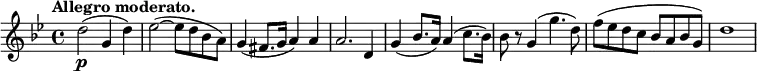 \relative c'' {
\set Score.tempoHideNote = ##t \tempo "Allegro moderato." 4=152 \key g \minor \time 4/4
d2\p( g,4 d') es2~( es8 d bes a) g4( fis8. g16 a4) a a2. d,4
g4( bes8. a16) a4( c8. bes16) bes8 r g4( g'4. d8) f8( es d c bes a bes g) d'1
}