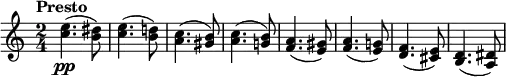 \relative c'' {
\key a \minor
\time 2/4
\tempo "Presto"
<c e>4.(\pp <b dis>8) | <c e>4.( <b d!>8) | <a c>4.( <gis b>8) | <a c>4.( <g! b>8) |
<f a>4.( <e gis>8) | <f a>4.( <e g!>8) | <d f>4.( <cis e>8) | <b d>4.( <a dis>8) |
}