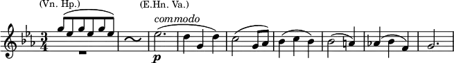 \relative c'' { \clef treble \key es \major \numericTimeSignature \time 3/4
<< \relative c''' {g8(^\markup{\right-align \smaller {(Vn. Hp.)}} es g es g es)} \\ \relative c'' {R1*3/4} >>
\partial 8
\once \override Stem.transparent = ##t
\once \override NoteHead.stencil = #ly:text-interface::print
\once \override NoteHead.text = \markup \fontsize #5 "~" g8
es'2.(\p^\markup {\column{\line \center-align {\smaller {(E.Hn. Va.)}} \line {\italic commodo}}} d4 g, d') c2( g8 as) bes4( c bes) bes2( a4) as!( bes f) g2.}