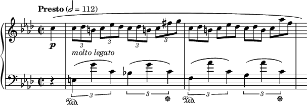 
\new PianoStaff <<
\new Staff = "Up" <<
\new Voice \relative c' {
\clef treble
\tempo "Presto" 2=112
\key f \minor
\time 2/2
\partial 4
\override TupletBracket.bracket-visibility = #'if-no-beam
\tupletSpan 4
c'4 \p (\tuplet 3/2 {c8_\markup{\italic molto \italic legato} [des b] c ees des c [des b!] c fis g}
\omit TupletNumber
\tuplet 3/2 {c, [des b] c ees des c [des b] c aes' f} \hide r16)
}
>>
\new Staff = "Down" <<
\new Voice \relative c{
\clef bass
\key f \minor
\tupletSpan 2
r4 \tuplet 3/2 {e \sustainOn (g' c,) bes! (g' c, \sustainOff) f, \sustainOn (aes' c,) aes (aes' c, \sustainOff)} s16
}
>>
>>
