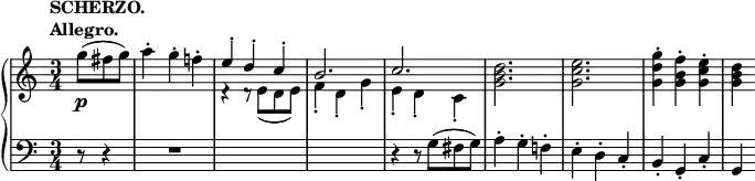 
 \relative c' {
  \new PianoStaff <<
   \new Staff { \key c \major \time 3/4 \partial 4.
    \tempo \markup {
     \column {
      \line { SCHERZO. }
      \line { Allegro. }
     }
    }
    <<
     {
      \stemDown g''8( fis g) a4-. g-. f!-. \stemUp e-. d-. c-. b2. c
      \stemDown <d b g> <e c g> <g d g,>4-. <f b, g>-. <e c g>-. <d b g>
     }
    \\
     { s4. s2. d,4\rest d8\rest e( d e) f4-. d-. g-. e-. d-. c-. }
    >>
   }
   \new Dynamics {
    s2\p
   }
   \new Staff { \key c \major \time 3/4 \clef bass
    r8 r4 R2. s2. s r4 r8 g8( fis g) a4-. g-. f!-. e-. d-. c-. b-. g-. c-. g
   }
  >>
 }
