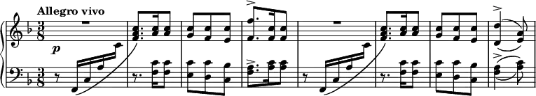 \relative c' {
\new PianoStaff <<
\new Staff = "up" { \key f \major \time 3/8 \tempo "Allegro vivo"
<<
{
s8 \change Staff = "down" f,,16_\( c' a' \change Staff = "up" \once \stemDown c
<c' a f>8.\) <c a>16 <c a>8 <c g> <c f,> <c e,> <f f,>8.-> <c f,>16 <c f,>8
s8 \change Staff = "down" f,,,16_\( c' a' \change Staff = "up" \once \stemDown c
<c' a f>8.\) <c a>16 <c a>8 <c g> <c f,> <c e,> <d d,>4-> ( _\( <a e>8) \)
}
\\
{ \override MultiMeasureRest.staff-position = #2 R4. s s s R }
>>
}
\new Dynamics {
s1\p
}
\new Staff = "down" { \key f \major \time 3/8 \clef bass
r8 s4 r8. <c, f,>16 <c f,>8 <c e,> <c d,> <bes c,> <a f>8.-> <c a>16 <c a>8
r8 s4 r8. <c f,>16 <c f,>8 <c e,> <c d,> <bes c,> <a f>4-> ( _\( <c a>8) \)
}
>>
}
