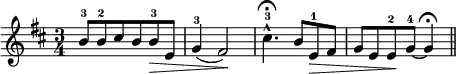 
\relative c'' {  
  \new Staff  
      { \key b \minor  \time 3/4
       b8-3[ b-2 cis b b\>-3 e,] | g4-3( fis2)\! |
       cis'4.\fermata^^-3 b8 e,\>-1 fis | g e e-2\! g-4~ g4\fermata \bar "||"  }}
