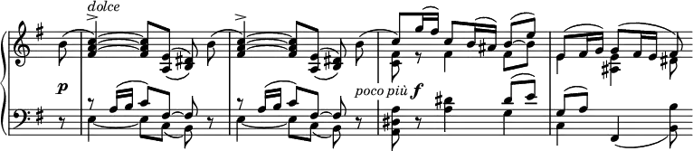 
 \relative c' {
  \new PianoStaff <<
   \new Staff \with { \remove "Time_signature_engraver" } { \key g \major \time 3/4 \partial 8
    <<
     {
      \autoBeamOff \once \stemDown
      b'8( <c~ a~ fis~>4-> ) ^\markup \italic dolce <c a fis>8[ <e, a,>] ( _\( <dis b>) \) \once \stemDown b'(
      <c~ a~ fis~>4-> ) <c a fis>8[ <e, a,>] ( _\( <dis b>) \) \once \stemDown b'(
      c) [ g'16( fis) ] c8[ b16( ais) ] b8[ ( e) ]
      e,8[ ( fis16 g) ] g8[ ( fis16 e] fis8)
     }
    \\
     { s8 s2. s <fis c>8 r fis4 fis8 b e,4 <e ais,> dis8 }
    \\
     { \override NoteColumn.force-hshift = -0.1 \hideNotes s8 s2. s s2 b'8~ b }
    >>
   }
   \new Dynamics {
    \override TextScript #'whiteout = ##t
    s8-\markup \dynamic p s2. s2 s8 s-\markup { \italic { poco più } \dynamic f }
   }
   \new Staff \with { \remove "Time_signature_engraver" } { \key g \major \time 3/4 \clef bass
    <<
     {
      d,,8\rest r a'16( b c8) [ fis,~ ] fis d\rest
      r a'16( b c8) [ fis,~ ] fis d\rest
      s2 dis'8( e) g,( a) s4 s8
     }
    \\
     {
      s8 e4~ e8[ c] ( b) s e4~ e8[ c] ( b) s
      <a' dis, a> d,\rest <dis' a>4 g, c, \once \stemUp fis,( <b' b,>8)
     }
    >>
   }
  >>
 }
