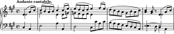 \relative c' {
\new PianoStaff <<
\new Staff {
\key a \major \time 4/4 \set Score.tempoHideNote = ##t \tempo "Andante cantabile." 4=72 \partial 2
<<
{
e4( a8 cis) cis( b a b) cis4 cis8( e) e( d cis d e4) fis8( e)
\stemDown d( cis b a gis b a cis) \stemUp <cis a>4 <b gis>8 b\rest e,4( a8 cis)
}
\\
{ e,2 gis e4 e8 g g fis e fis e4 s s1 s2 e2 }
>>
}
\new Staff { \key a \major \time 4/4 \clef bass
<<
{
\stemNeutral cis,4 a e'2 a4 a, d2 cis8 cis' a cis
b( a gis fis e d cis a) \stemUp e'2~ e
}
\\
{ s2 s1 s s e4. d8 cis4 a }
>>
}
>>
}