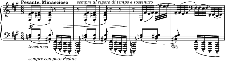 
\relative c' {
 \new PianoStaff <<
  \new Staff { \key fis \minor \time 3/4 \set Score.tempoHideNote = ##t
   \tempo "Pesante. Minaccioso" 8=92 \partial 4
   <fis e fis,>8-.( <fis dis fis,>-. <fis d fis,>-.) r r
   r^\markup { \italic { sempre al rigore di tempo e sostenuto } } <fis e fis,>8-. ( <fis dis fis,>-. <fis d fis,>-.) r r
   r fis,32( [ fis' e fis] ) fis( [ fis' e fis]
   fis,-.) [ fis( e fis] \clef bass fis,-.) [ fis( e fis] fis,-.) fis( e fis)
  }
  \new Dynamics {
   s8\p s s4 s8\> s s\! s s s\> s s\!
  }
  \new Staff { \key fis \minor \time 3/8 \clef bass
   <e' c!>8-.( _\markup \italic tenebroso _\markup { \italic { sempre con poco Pedale } } <e b>-.
   <e ais,>-.) <fis, fis,>16-.( [ <e e,>-. <d d,>-. <cis cis,>-.]
   <c c,>8-.) <e' c!>-.( [ <e b>-.] <e ais,>-.) <fis, fis,>16-.( [ <e e,>-. <d d,>-. <cis cis,>-.]
   <c c,>8-.) <e' c>-.( [ <e dis b>-.]
   <e d ais>-.) \sustainOn <fis, fis,>16-.( [ <e e,>-. <d d,>-. <cis cis,>16*1/2-.] \hideNotes <a a,>32)
  }
 >>
}
