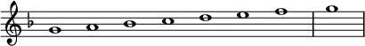 \relative c'' {
\new Staff \with { \remove "Time_signature_engraver" }
{ \key d \minor \time 1/1 \cadenzaOn g1 a bes c d e f \bar "|" g \bar"|"}
}