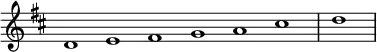 \relative c' {
\new Staff \with { \remove "Time_signature_engraver" }
{ \key d \major \time 1/1 \cadenzaOn d1 e fis g a cis \bar "|" d \bar"|"}
}