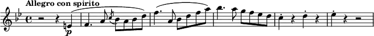 \relative e' {\set Staff.midiInstrument = #"violin"
\key bes \major \time 4/4
\tempo "Allegro con spirito"
\tempo 4 = 130
r2 r4 e( \p
f4. a8 \acciaccatura c8 bes a bes d)
f4.( a,8 bes d f a)
bes4.( a8 g f es d(
c4-. r d-. r
es4-. r r2
}