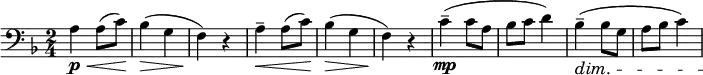 \relative c' {
\new Staff { \key f \major \time 2/4 \clef bass
a4-\p-\< a8( c8) | bes4(\> g | f)\! r | a4--\< a8( c8) | bes4(\> g | f)\! r |
c'4\mp--( c8 a | bes c d4) | bes4--(\dim bes8 g | a bes c4) |\!
}}