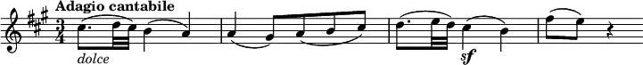 \relative cis'' {\set Staff.midiInstrument = #"violin"
\key a \major \time 3/4
\tempo "Adagio cantabile"
\tempo 4 = 50
cis8.( _\markup { \italic "dolce" } d32 cis) b4( a) | a4( gis8) a( b cis)
d8.( e32 d) cis4( \sf b) | fis'8( e) r4
}