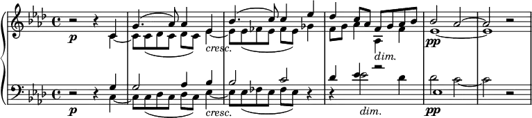 { \new PianoStaff <<
\new Staff <<
\new Voice \relative c' { \set Score.tempoHideNote = ##t \tempo 4 = 40
\clef "treble" \key aes \major \set Staff.midiInstrument = #"string ensemble 2" \time 4/4 | % 1
r2 \p r4 \stemUp c4 | % 2
g'4. ^( as8 ) as4 es4 _\markup{ \italic {cresc.} } | % 3
bes'4. ^( c8 ) c4 es4 | % 4
des4 c8 as8 f8 _\markup{ \italic {dim.} } g8 as8 bes8 | % 5
bes2 \pp as2 ^~ | % 6
as2 r2 }
\relative c' {
\clef "treble" \key as \major \time 4/4 | % 1
\stemDown s2 s4 c4 _~ | % 2
c8 c8 _( des8 c8 des8 c8 ) es4 _~ | % 3
es8 es8 _( fes8 es8 fes8 es8 ) ges4 | % 4
f8 g8 as4 as,4 f'4 | % 5
es1 _~ | % 6
es1 } >>
\new Staff <<
\new Voice \relative c { \set Staff.midiInstrument = #"string ensemble 2"
\clef "bass" \key aes \major \time 4/4
r2 \p r4 \stemDown c4 _~ | % 2
c8 c8 _( des8 c8 des8 c8 ) es4 _\markup{ \italic {cresc.} } _~ | % 3
es8 es8 _( fes8 es8 fes8 es8 ) r4 | % 4
r4 es'2 _\markup{ \italic {dim.} } des4 | % 5
des2 \pp c2 _~ | % 6
c2 r2 }
\relative g {
\clef "bass" \key as \major \time 4/4 s2 s4 \stemUp g4 | % 2
g2 as4 bes4 | % 3
bes2 c2 | % 4
des4 es4 r2 | % 5
es,1 } >>
>> }