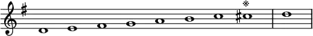 \relative c' {
\new Staff \with { \remove "Time_signature_engraver" }
{ \key g \major \time 1/1 \cadenzaOn d1 e fis g a b c cis^\markup{※} \bar "|" d \bar"|"}
}