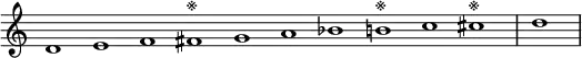 \relative c' {
\new Staff \with { \remove "Time_signature_engraver" }
{ \key a \minor \time 1/1 \cadenzaOn d1 e f fis^\markup{※} g a bes b^\markup{※} c cis^\markup{※} \bar "|" d \bar"|"}
}