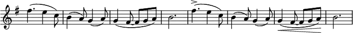 \relative c'' \new Staff \with { \remove "Time_signature_engraver" } {
\set Score.tempoHideNote = ##t \tempo "" 4=108 \key e \minor \time 6/8
fis4.( e4 c8) b4( a8) g4( a8) g4( fis8~ fis g a) b2.
fis'4.->( e4 c8) b4( a8) g4( a8) g4\< ( fis8~ fis g a\! ) b2.
}