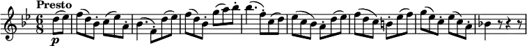 \version "2.18.2"
\relative c'' {
\key bes \major
\time 6/8
\tempo "Presto "
\tempo 4 = 200
\partial 4 d8 \p (ees)
f (d) bes-. c (ees) a,-.
bes4. (f8-.) d' (ees)
f (d) bes-. g' (a) bes-.
bes4. (f8-.) c (d)
ees (c bes) a-. d (ees)
f (d c) b-. ees (f)
g (ees) c-. ees (c) a-.
bes!4 r8 r4 r8
}
