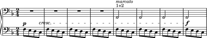 
 { \new PianoStaff <<
    \new Staff = "RH" \relative b' { \clef bass \key f \major \numericTimeSignature \time 2/4
      R2 | R2 | R2 | R2 | f,,2^\markup {1+2}^\markup { \italic {marcato}} | f2 | f2| f2 | }
    \new Staff = "LH" \relative b' { \clef bass \key f \major \numericTimeSignature \time 2/4
      [ f,8^\p e d c^\cresc ] | [ f8 e d c ] | [ f8 e d c ] | [ f8 e d c ] | 
      [ f8 e d c ] | [ f8 e d c ] | [ f8 e d c ] | [ f8^\f e d c ] | }
   >> }
