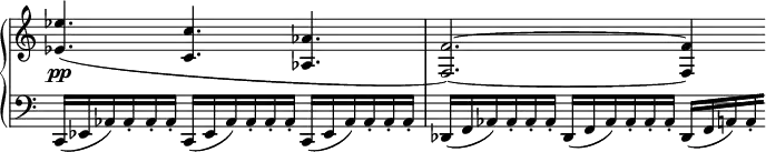 
 \relative c' {
  \new PianoStaff <<
   \new Staff \with { \remove "Time_signature_engraver" } { \key c \major \time 9/8
    \set tieWaitForNote = ##t
    <es' es,>4.( <c c,> <aes aes,> <f~ f,~>2.) <f f,>4
   }
   \new Dynamics {
    s\pp
   }
   \new Staff \with { \remove "Time_signature_engraver" } { \key c \major \time 9/8 \clef bass
    c,,16( es aes) aes-. aes-. aes-. c,( es aes) aes-. aes-. aes-. c,( es aes) aes-. aes-. aes-.
    des,( f aes) aes-. aes-. aes-. des,( f aes) aes-. aes-. aes-. des,[( f a) \set stemRightBeamCount = #2 a-.]
   }
  >>
 }
