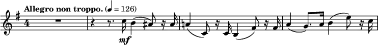 \relative c'' { \override Staff.TimeSignature.style = #'single-digit \tempo "Allegro non troppo." 4=126 \key e \minor \time 4/4
R1 r4 r8. c16\mf b4( ais8) r16 ais a!4( c,8) r16 c b4( fis'8) r16 fis
a4( g8.) a16 b4( e8) r16 c
}