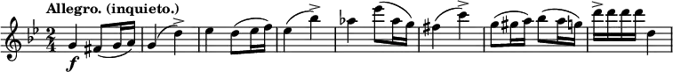 
\relative c'' {
 \key g \minor \time 2/4 \set Score.tempoHideNote = ##t \tempo "Allegro. (inquieto.)" 4=120
 g4\f fis8( g16 a) g4( d'-> ) es d8( es16 f) es4( bes'-> ) aes es'8( aes,16 g) fis4( c'-> ) g8( gis16 a) bes8( a16 g) d'-> d d d d,4
}
