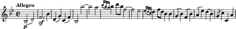 \version "2.18.2"
\relative c'' {
\key bes \major
\time 2/2
\tempo "Allegro "
\tempo 4 = 210
bes,2 \p (d)
f2. \sf bes4
d, (g) c, (f)
bes,2 bes'' ~
bes a
\grace {c16 (bes a} bes4) d8 bes f2 ~
f ees
\grace {ees16 (d c} d4) f8 d bes4 bes
g (bes) f (bes)
a (ees') d (bes)
g (c) c, a'
}