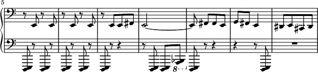 
 \relative c, {
  \new PianoStaff <<
   \new Staff \with { \remove "Time_signature_engraver" } { \key c \major \set Score.tempoHideNote = ##t \tempo "" 4=132 \time 2/4 \clef bass
    \set Score.currentBarNumber = #5 \bar ""
    r8 e r e r e r e r e[ e fis] e2~ e8 fis[ fis e] g fis e4 dis8[ e cis dis]
   }
   \new Dynamics {
   }
   \new Staff \with { \remove "Time_signature_engraver" } { \key c \major \time 2/4 \clef bass
    <e, d>8 r <e d> r <e d> r <e d> r <e d> r r4
    r8 <e d>8 <e d> \ottava #-1 <bes a> \ottava #0 <e d> r r4 r r8 <e d> R2
   }
  >>
 }
