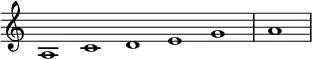 \relative c' { \new Staff \with { \remove "Time_signature_engraver" }
{ \key a \minor \time 1/1 \cadenzaOn a1 c d e g \bar "|" a \bar"|"} }