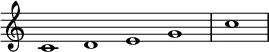 \relative c' {
\new Staff \with { \remove "Time_signature_engraver" }
{ \key c \major \time 1/1 \cadenzaOn c1 d e g \bar "|" c \bar"|"}
}