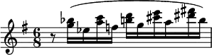 \relative c''' { \key g \major \time 6/8
r8 <bes g>16( ees, <c' a> f, <d' b > g, <e' cis > a, <fis'! dis > b,) }