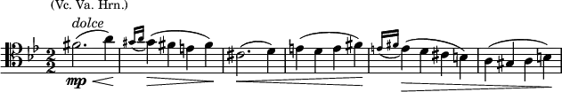 \relative c' { \clef tenor \key g \minor \numericTimeSignature \time 2/2 fis2.^\markup {\column{\line \right-align {\smaller {(Vc. Va. Hrn.)}} \line {\italic dolce}}}\mp\<( a4\!) \acciaccatura {gis16 a} gis4\>( fis e fis\!) cis2.\<( d4) e( d e fis\!) \acciaccatura {e16 fis} e4\>( d cis b) a( gis a b\!)}