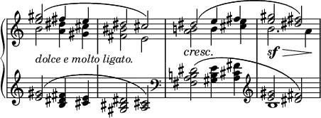 
 \relative c' {
  \new PianoStaff <<
   \new Staff \with { \remove "Time_signature_engraver" } { \key c \major \time 4/4
    <<
     { <gis'' e>2( fis4 e dis2 cis) dis( e4 fis <gis e>2 <fis dis>) }
    \\
     { b,2 <dis a>4 <cis gis> <bis fis>2 e, <b'! a> b4 <e cis> b2. a4 }
    >>
   }
   \new Dynamics {
    \override TextScript #'whiteout = ##t
    s1_\markup { \italic { dolce e molto ligato. } } s1 s4\cresc s4\! s2 s2.\sf \> s4\!
   }
   \new Staff \with { \remove "Time_signature_engraver" } { \key c \major \time 4/4
    <<
     {
      <gis e>2( <fis dis b>4 <e cis> <dis bis gis>2 <cis a>) \clef bass \stemDown <dis b! a fis>( <e b gis>4 <fis cis a> \clef treble \stemUp <gis e>2 <fis dis>)
     }
    \\
     { s1 s1 s1 b,1 }
    >>
   }
  >>
 }
