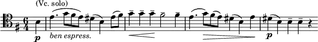 \relative c' \new Staff {
\key e \minor \time 6/4 \clef tenor \partial 4
b\p^\markup {{ (Vc. solo) }} e4._\markup { \italic { ben espress. } } ( g8 fis e) dis4( b) e8( fis)
g4--\< g-- g--\! fis2-- fis4-- e4.( g8\> ) fis( e) dis4( b) e\!
dis\p ( b) b-- b-- r
}