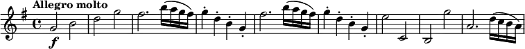 \version "2.18.2"
\relative c''{
\key g \major
\time 4/4
\tempo "Allegro molto"
g2 \f b d g fis2. b16 (a g fis)
g4-. d-. b-. g-.
fis'2. b16 (a g fis)
g4-. d-. b-. g-.
e'2 c, b g'' a,2. d16 (c b a)
}
\midi {
\context {
\Score
tempoWholesPerMinute = #(ly:make-moment 160 4)
}
}