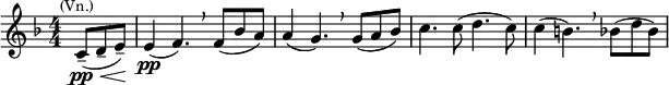 \relative c' { \clef treble \key f \major \numericTimeSignature \time 4/4 \partial 8*3 c8(\pp\<--^\markup{\smaller \center-align (Vn.)} d-- e--)\! | e4\pp( f4.)\breathe f8( bes a) | a4( g4.)\breathe g8( a bes) c4. c8( d4. c8) c4( b4.)\breathe bes8( d bes) }