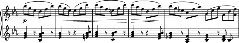 
 \relative c' {
  \new PianoStaff <<
   \new Staff \with { \remove "Time_signature_engraver" } { \key es \major \time 6/8
    bes''8\p ( g es d f bes) bes\<( g es) es( g c)  c( aes f e g c) c\>( aes f d f bes\!) bes( g es! c f aes) bes,( es g aes, d <f aes,>)
   }
   \new Staff \with { \remove "Time_signature_engraver" } { \key es \major \time 6/8
    <bes, g es>4 r8 <bes aes f bes,>4 r8 <bes g es>4 r8 r4 <c bes g e>8 <c aes f>4 r8 <c bes g c,>4 r8
    <c aes f>4 r8 r4 <bes aes f d>8 <bes g es!>4 r8 <f c aes>4 r8 <g es bes>4 r8 <f d bes>8 bes,8
   }
  >>
 }
