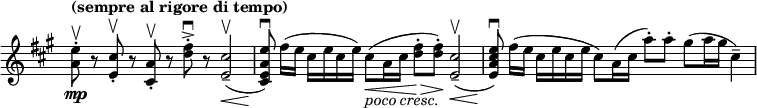 
\relative c'' \new Staff \with { \remove "Time_signature_engraver" } {
 \set Score.tempoHideNote = ##t \tempo "(sempre al rigore di tempo)" 4=138 \key a \major \time 6/4
 <e a,>8-.\mp \upbow r <cis e,>-.\upbow r <a cis,>-.\upbow r <fis' d>-.->\downbow r <cis e,>2--\upbow _( \<
 <e a, e cis>8\! ) \downbow fis16( [ e] cis e cis e) cis8( \< _\markup { \italic { poco cresc. } } a16 cis <fis d>8-.\> q-.\! ) <cis e,>2--\upbow _( \<
 <e cis e, a>8) \! \downbow fis16( [ e] cis e cis e cis8) a16( cis a'8-.) a-. gis( a16 gis cis,4--)
 % fis8( gis16 fis cis8-.) e( fis16 e cis8-.) dis( e cis) r
}
